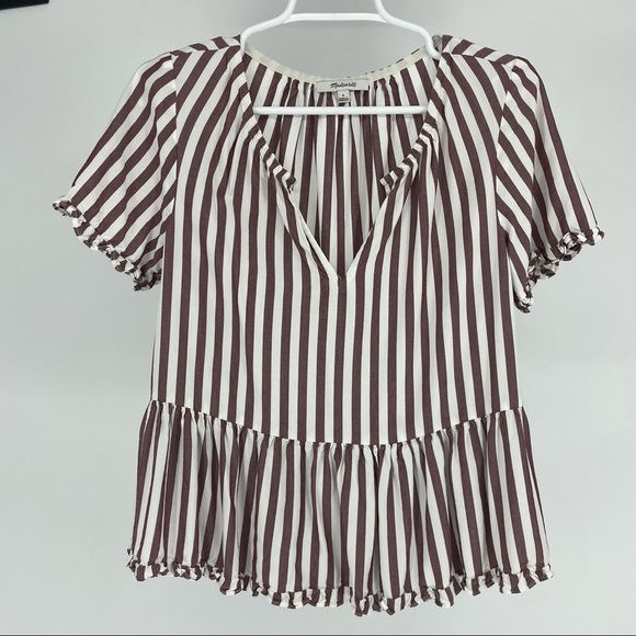 MADEWELL STANZA RUFFLE HEM TOP BLOUSE STRIPE RED WHITE SMALL - Picture 4 of 10